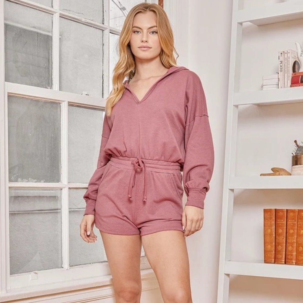 LULU'S Relaxed Agenda Mauve Pink Hooded Lounge Romper XS